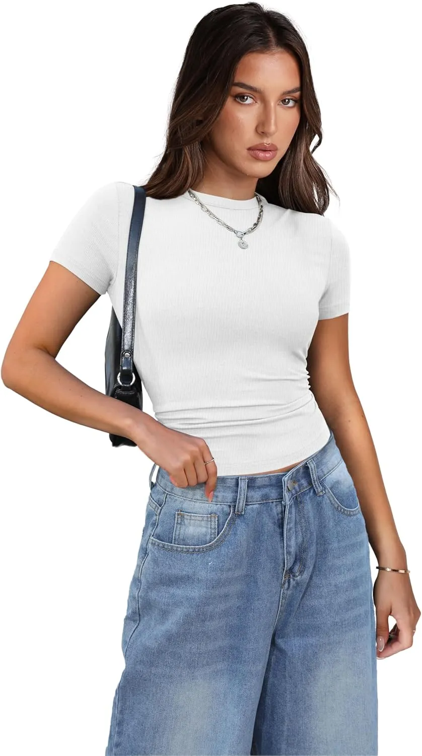 XIEERDUO Women's Short Sleeve Crew Neck Slim Fit T Shirts 2024 Y2k Clothes Spring Summer Basic Going Out Tops 2 Pack/3 Pack