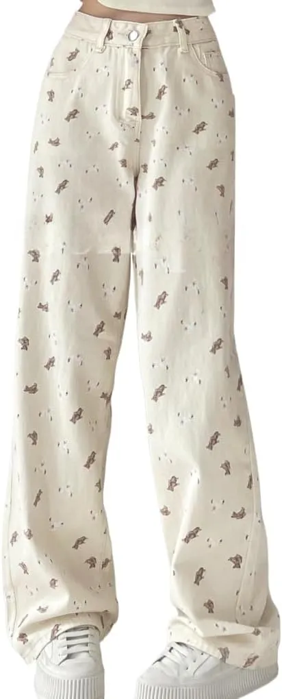 Y2k Baggy Pant Coquette Clothes Floral Wide Leg Jeans Cute Bear Pants Women High Waist Trousers Kawaii Clothing