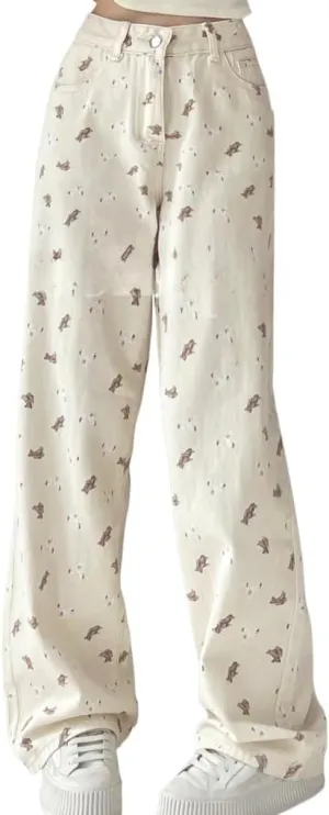Y2k Baggy Pant Coquette Clothes Floral Wide Leg Jeans Cute Bear Pants Women High Waist Trousers Kawaii Clothing