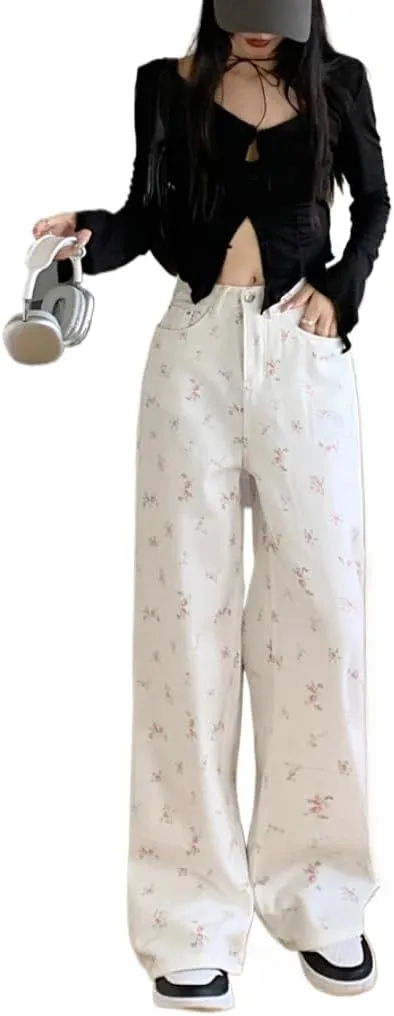 Y2k Baggy Pant Coquette Clothes Floral Wide Leg Jeans Cute Bear Pants Women High Waist Trousers Kawaii Clothing