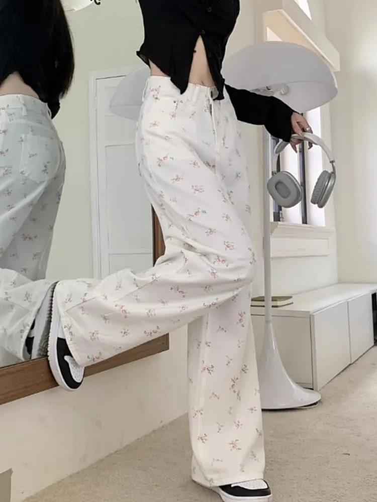 Y2k Baggy Pant Coquette Clothes Floral Wide Leg Jeans Cute Bear Pants Women High Waist Trousers Kawaii Clothing
