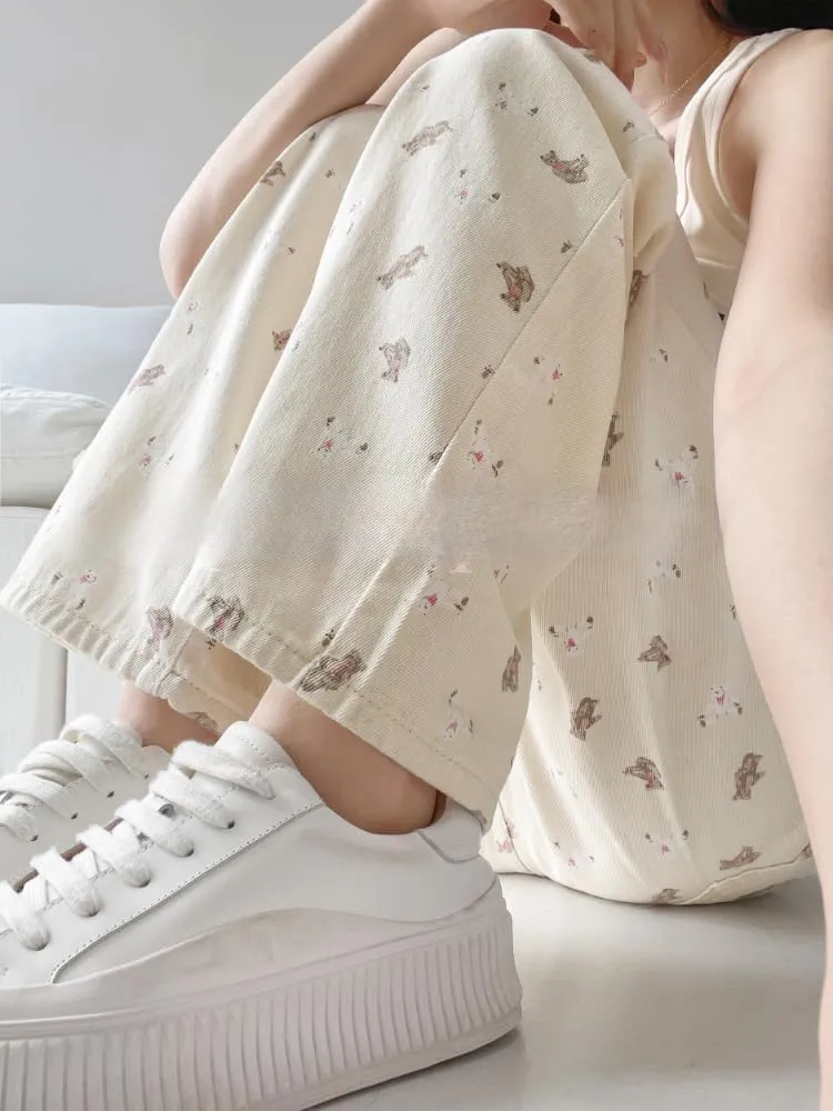 Y2k Baggy Pant Coquette Clothes Floral Wide Leg Jeans Cute Bear Pants Women High Waist Trousers Kawaii Clothing