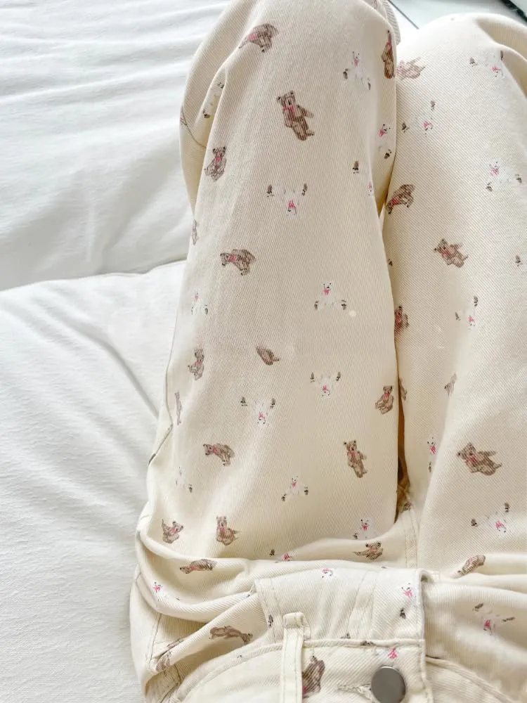 Y2k Baggy Pant Coquette Clothes Floral Wide Leg Jeans Cute Bear Pants Women High Waist Trousers Kawaii Clothing