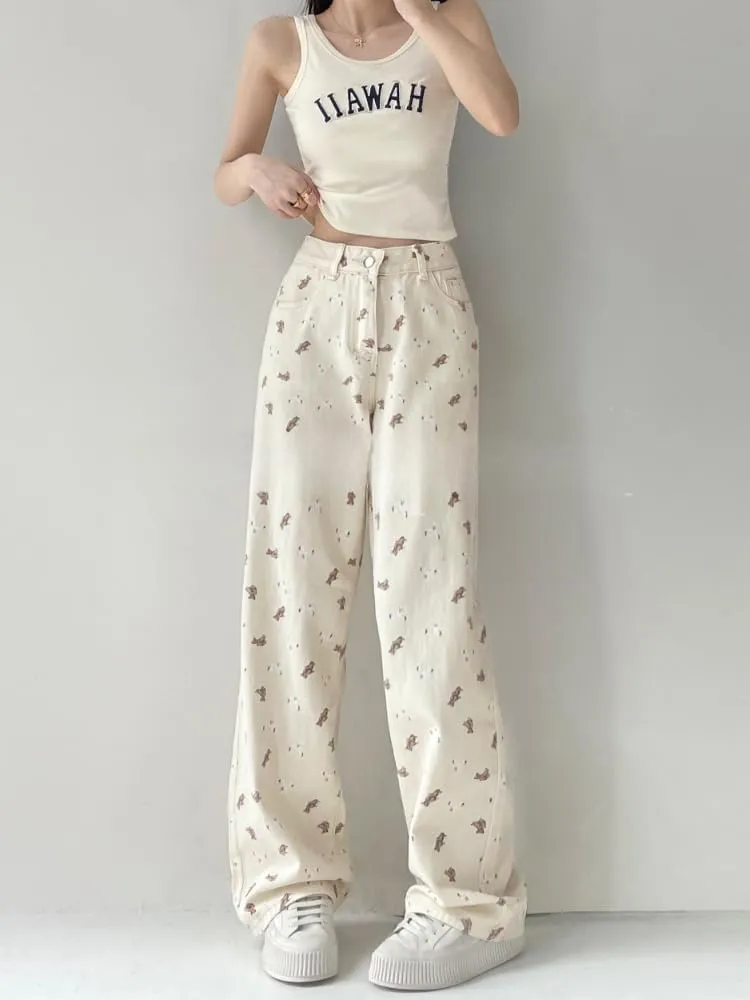 Y2k Baggy Pant Coquette Clothes Floral Wide Leg Jeans Cute Bear Pants Women High Waist Trousers Kawaii Clothing