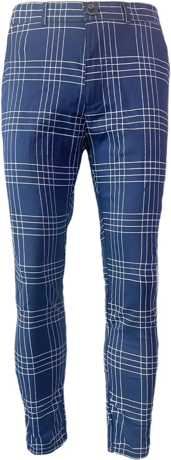 YIBIMOTTO Mens Slim Fit Dress Pants Stretch Plaid Slacks Skinny Checkered Chino Pants Blue Casual Business Suit Pant for Men,Blue,L