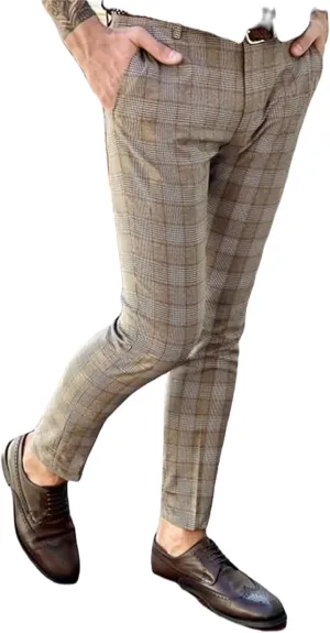 YIBIMOTTO Men's Slim Fit Pants Straight Dress Pants Business Suit Plaid Slacks Pants Skinny Twill Checkered Casual Chino Long Trousers with Pockets,Khaki Plaid,L