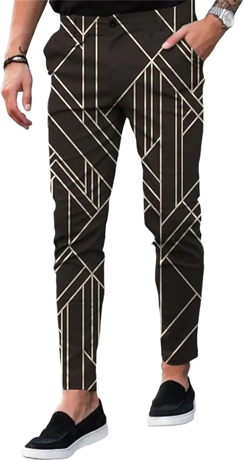 YIBIMOTTO Straight Dress Pants for Mens Business Suit Plaid Slacks Pants Slim Fit Pants Skinny Twill Checkered Casual Chino Long Trousers with Pockets,Brown Stripe,S