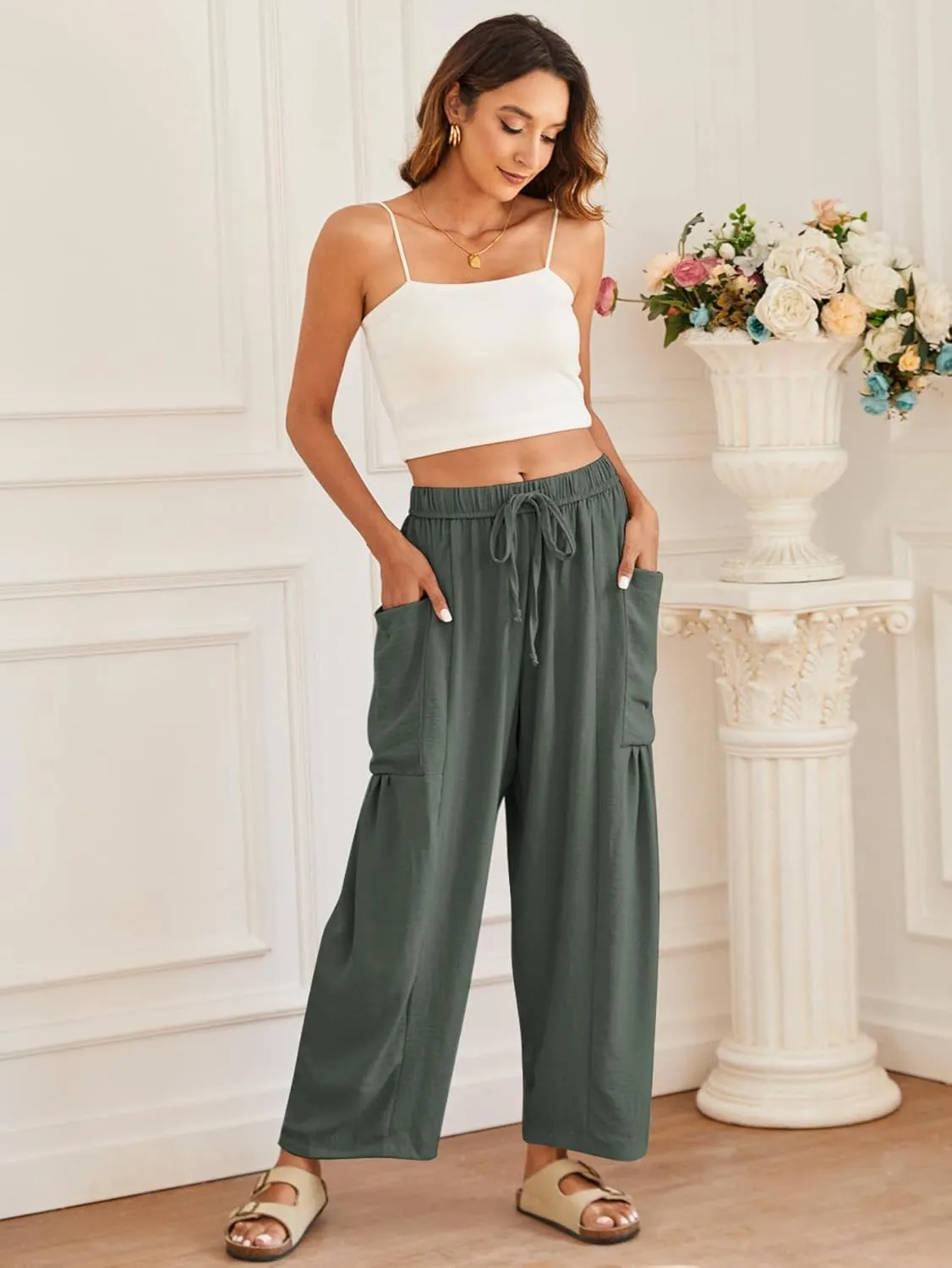 YKR Wide Leg Pants Woman Casual Loose Lightweigt Beach Palazzo Harem Pants Flowy Pants 2025
