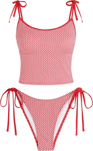 ZAFUL Tankini Swimsuits for Women Tie Front Tummy Control Spliced Ruffles Bikini Sets Two Piece Bathing Suits