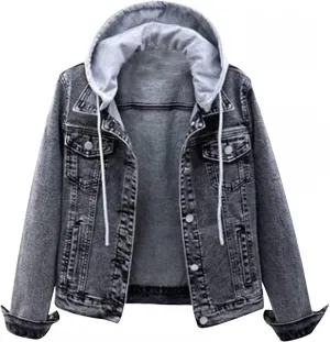 ZHUER Women's Oversize Denim Jacket Vintage Detachable Hoodies Casual Long Sleeve Button Up Boyfriend Jean Coat with Pocket