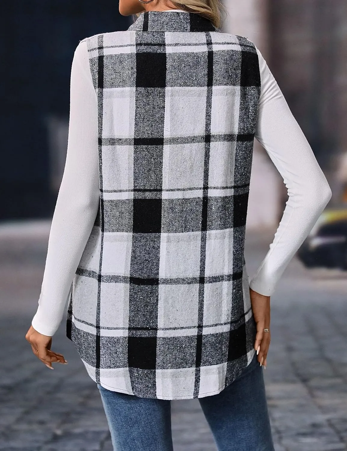 ZILIN Women's Flannel Plaid Vest Button Down Sleeveless Shacket Shirt Jacket