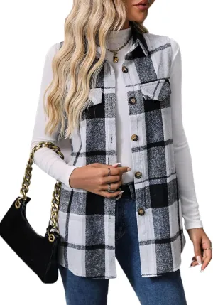 ZILIN Women's Flannel Plaid Vest Button Down Sleeveless Shacket Shirt Jacket