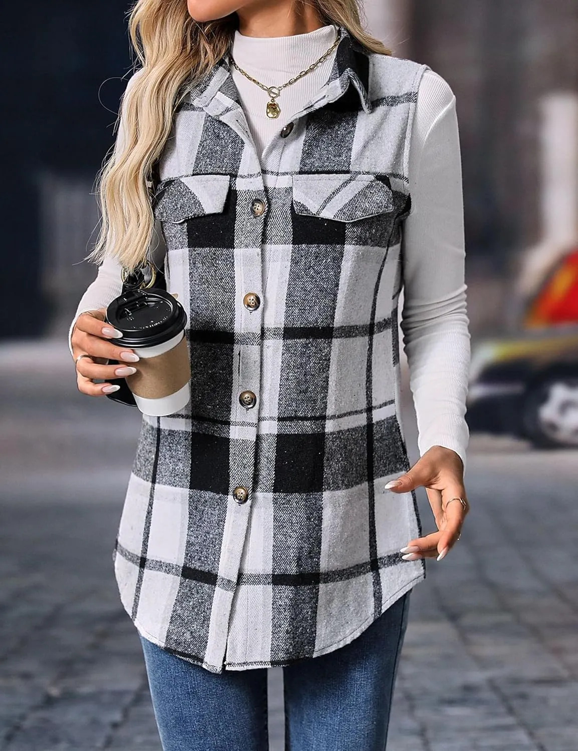 ZILIN Women's Flannel Plaid Vest Button Down Sleeveless Shacket Shirt Jacket